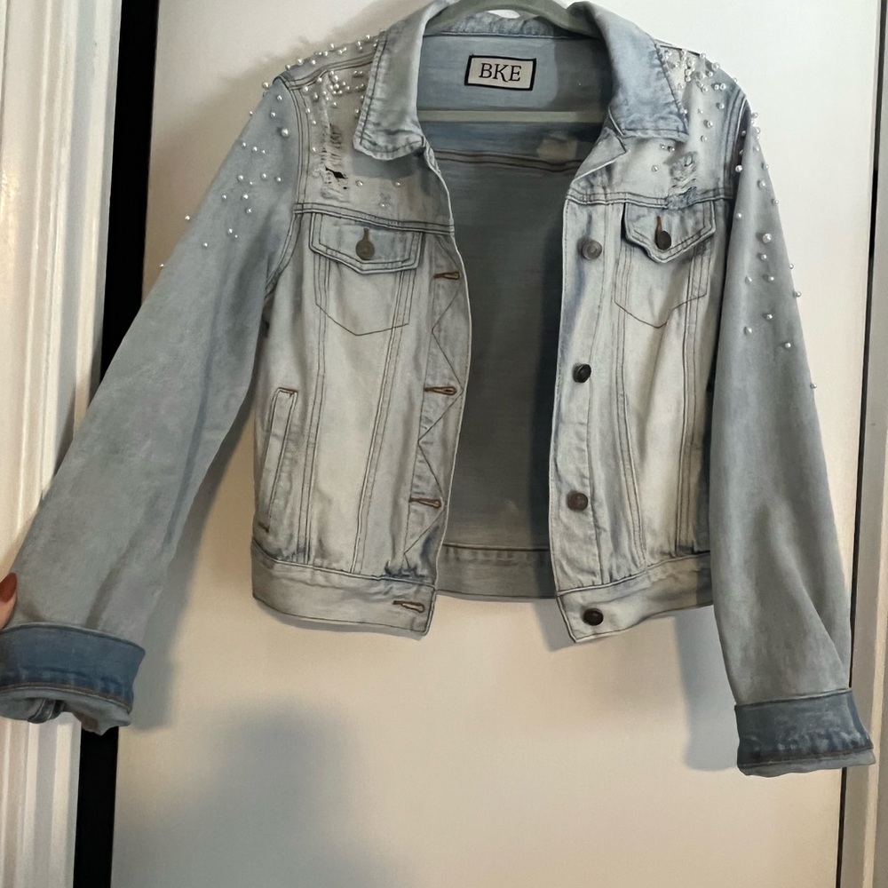 BKE Light Blue Denim Jacket with Studded pearl Details